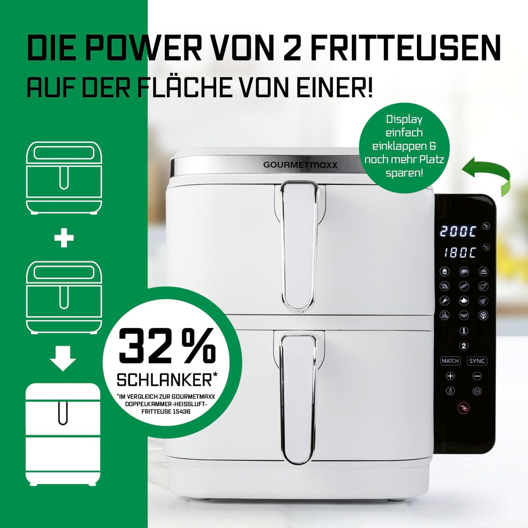 GOURMETmaxx FryUp Vertikale Doppelkammer Heissluftfritteuse | vertikaler Airfryer | klappbares Touch