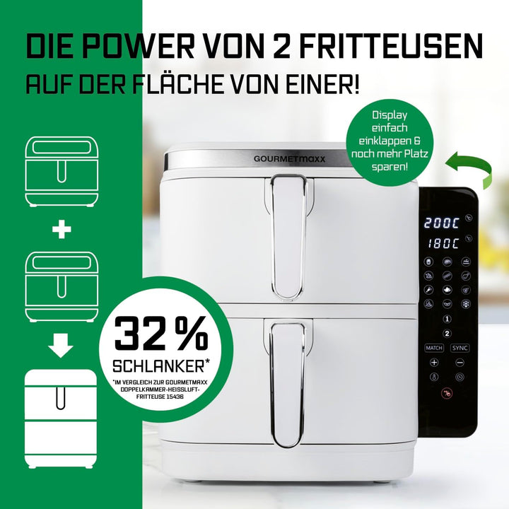 GOURMETmaxx FryUp Vertikale Doppelkammer Heissluftfritteuse | vertikaler Airfryer | klappbares Touch