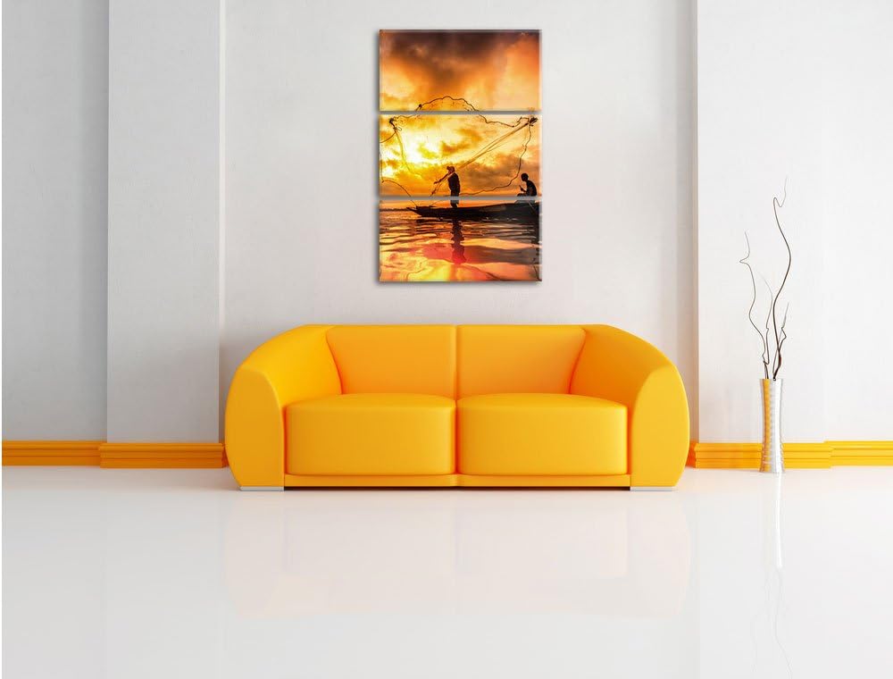 Pixxprint See mit Anglern als Leinwandbild/Grösse: 3 Teilig (120x80) cm/Wandbild/Kunstdruck/fertig b