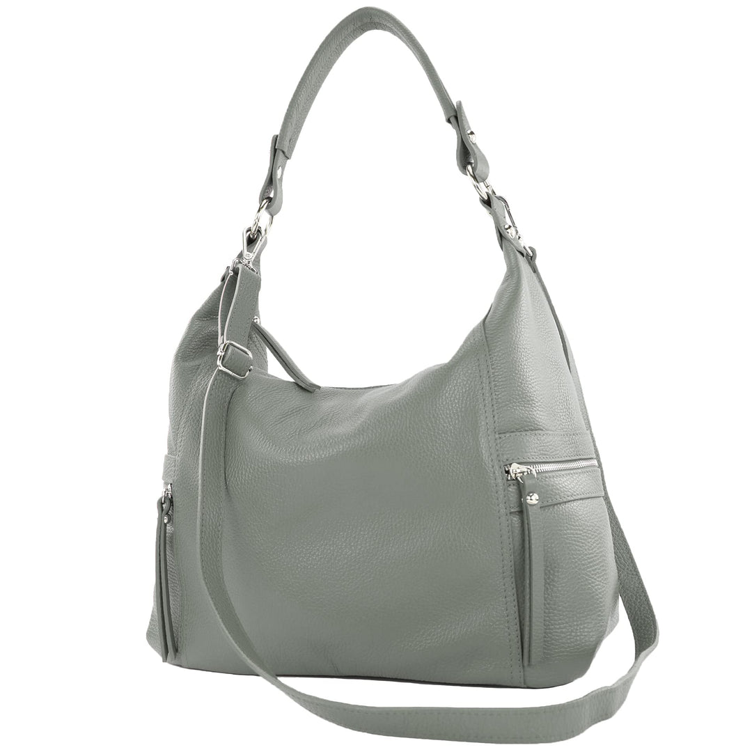 modamoda de - T229 - ital Schultertasche Shopper aus Leder Graphitgrau, Graphitgrau