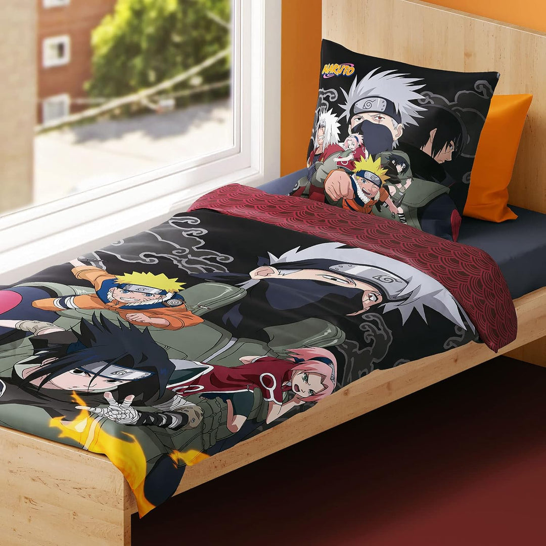 Elbenwald Naruto Bettwäsche mit Konoha Group Motiv mit Reissverschluss für Anime Fans Herren Damen U