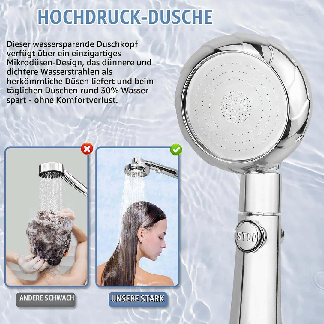 Duschkopf, Duschkopf mit Schlauch 2m &amp; Wasserstopp-Funktion, Duschbrause Druckerhöhend Wassersparend