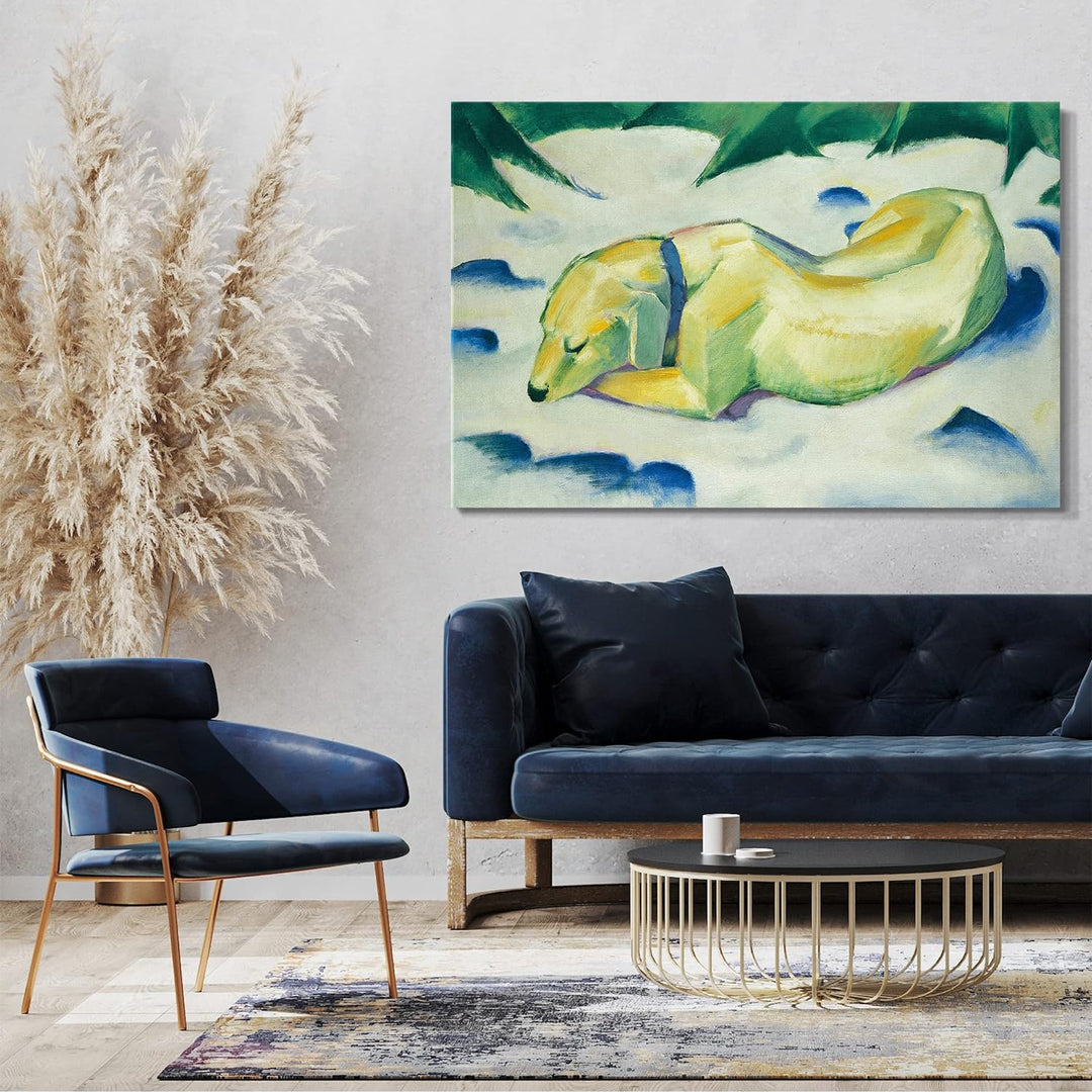 Printed Paintings Leinwand (100x70cm): Franz Marc - Liegender Hund im Schnee (191011) 100x70 cm, 100