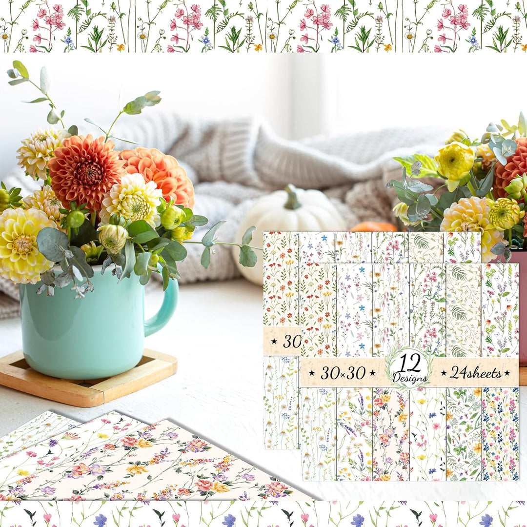 CC HOME 24 Blatt Florales Muster Scrapbook Papier, 12 Designs Doppelseitige Dekorpapier, 12x12Inch C