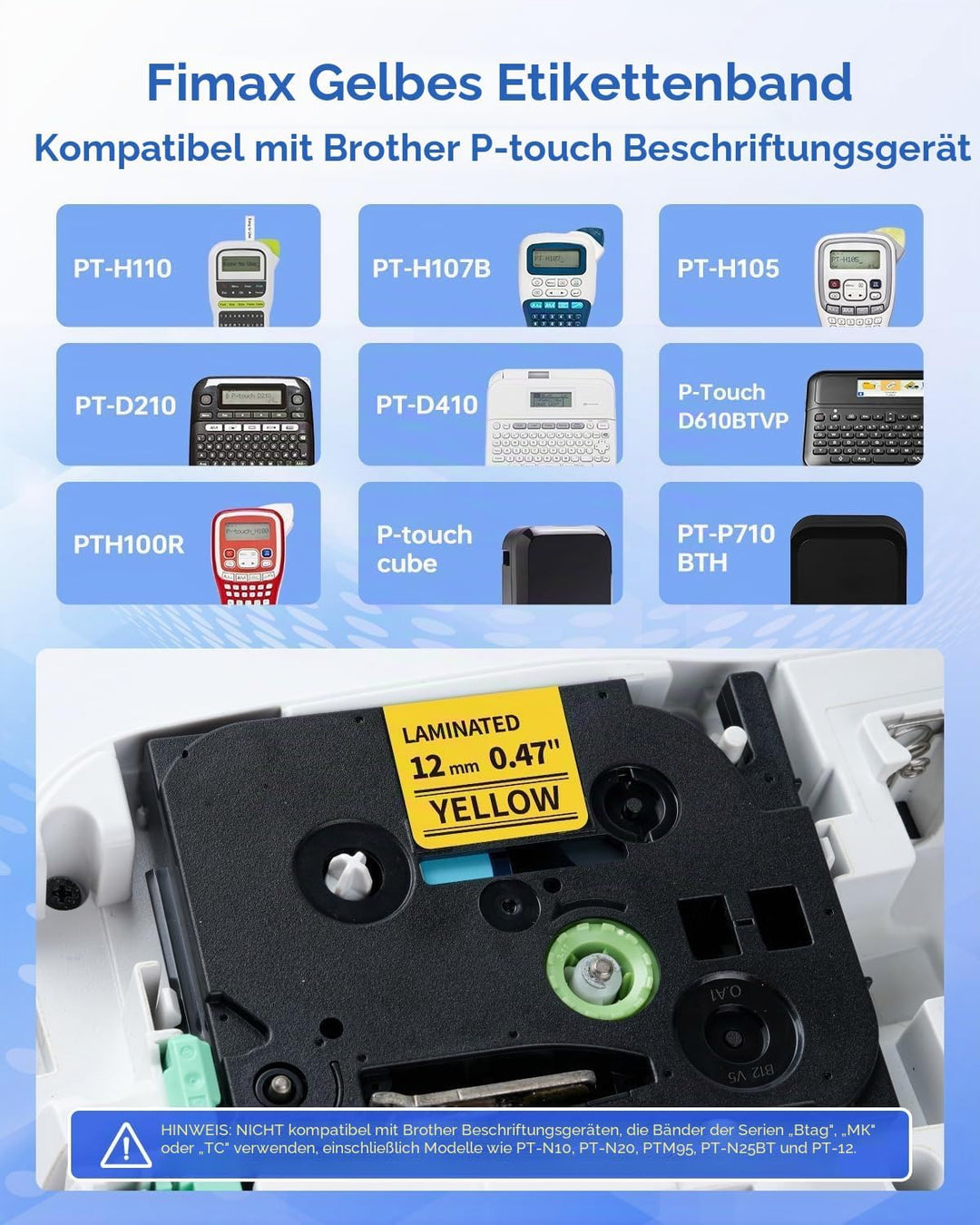 Tze-631 Tape Cassette 12mm Gelb Kompatible mit Brother P-touch Bänder 12mm 0.47 Yellow Schriftband T
