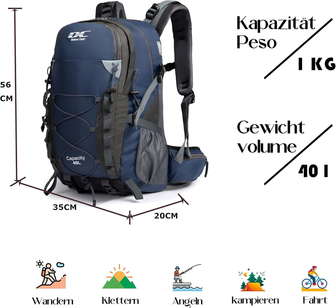 Wanderrucksack 40l Damen Herren Rucksack Wasserdicht Reiserucksack mit Regenschutz Dunkelblau, Dunke