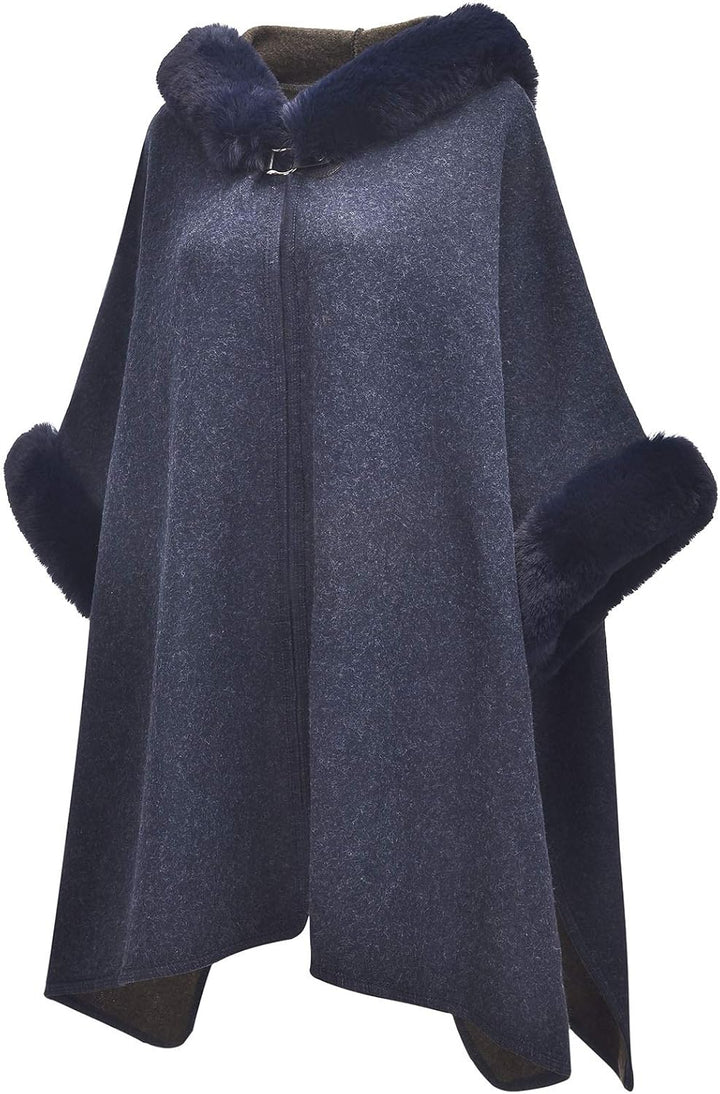 ZLYC Damen Winter Umhang Strickjacke Warm Kunstpelz Mäntel Poncho Cape mit Kapuze Einheitsgrösse Nav