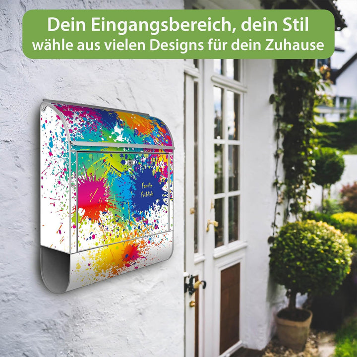 banjado® Design Briefkasten personalisiert mit Motiv Farbspritzer 39x47x14cm & 2 Schlüssel - Briefka