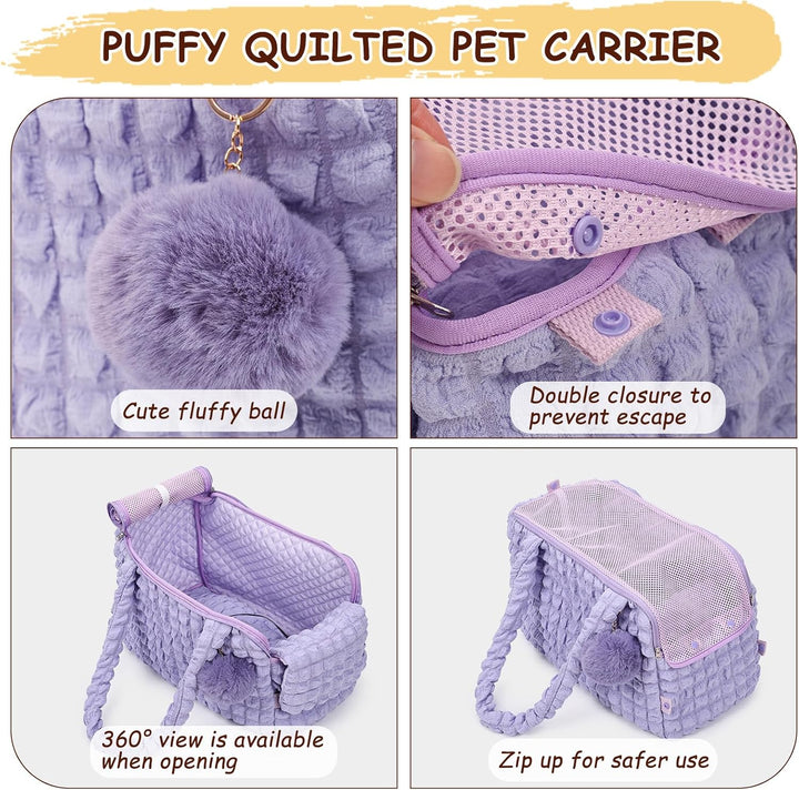 Weiche Tragetaschen für Katzen, modische Luftpolstertasche, Gesteppte Handtasche mit flauschigem Bal