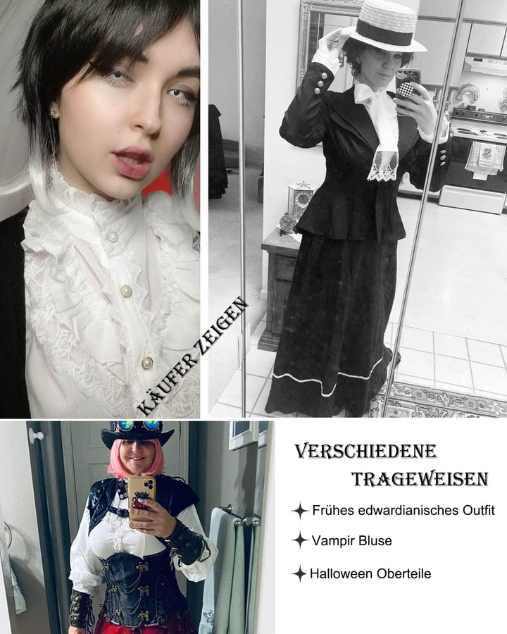 Fiamll Damen Viktorianisch Bluse Vintage Schleifenhemd Stehkragen mit Ruff Langarmshirt Mittelalter