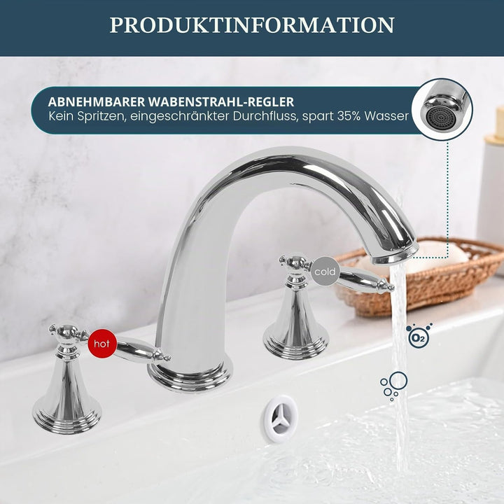 3 Loch Waschtisch Armatur, Vintage Waschbecken Mischbatterie mit Doppelgriff, Vollkupfer Deckmontage