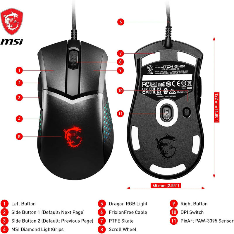 MSI Clutch GM51 Lightweight Gaming Maus - 26.000 DPI Optischer Sensor, 650 IPS, symmetrisch, 60Mio+