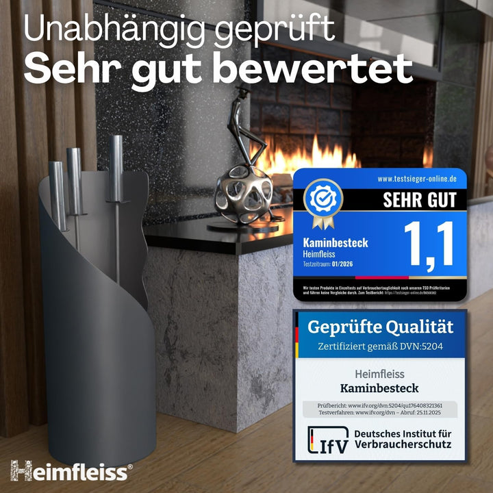 Heimfleiss® Kaminbesteck Grau Modern | Kaminzubehör mit Edelstahl Griffen | Ofenbesteck Kaminbesteck