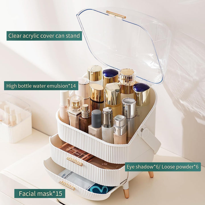 Kousee Make-up-Organizer, Hautpflege-Organizer, Kosmetik-Vitrine mit staubfreier Abdeckung, tragbare