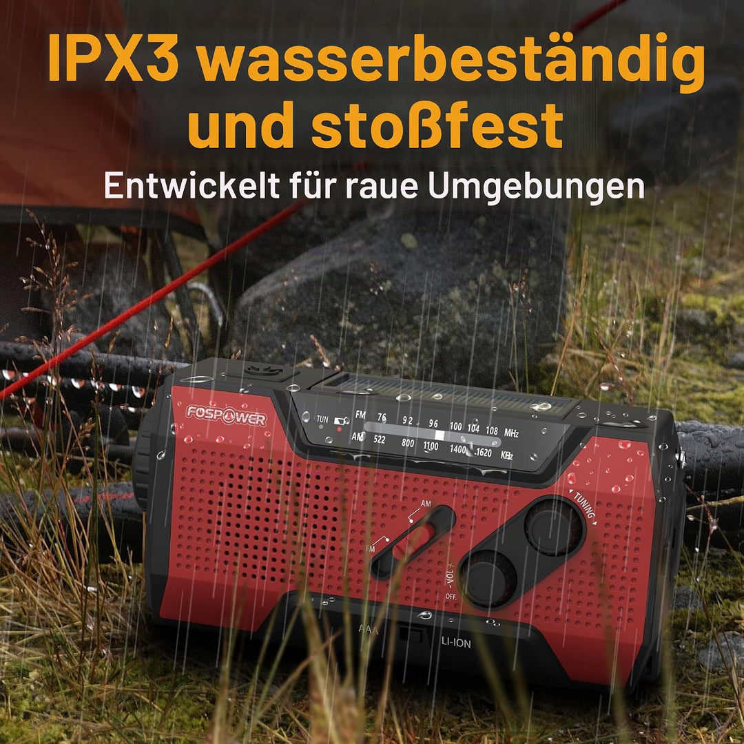 FosPower - Notfallradio NOAA/AM/FM mit 7400mWh Tragbare Powerbank - Aufladung per USB/Solar/Handkurb