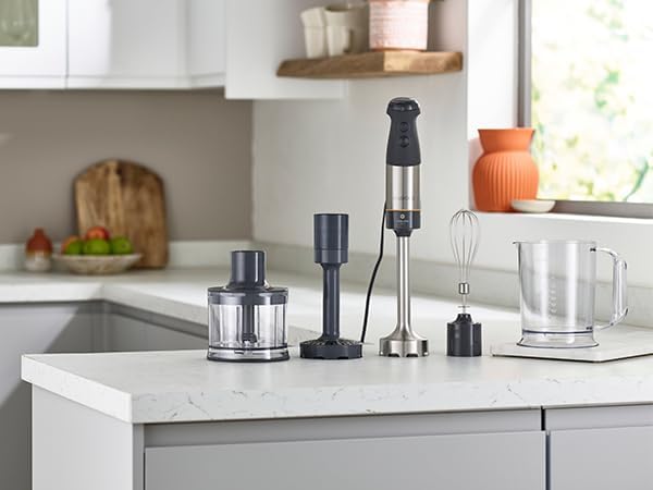 Kenwood Triblade XL HBM60.307GY Stabmixer inkl. Schneebesen, Messbecher, Kartoffelstampfer & Zerklei