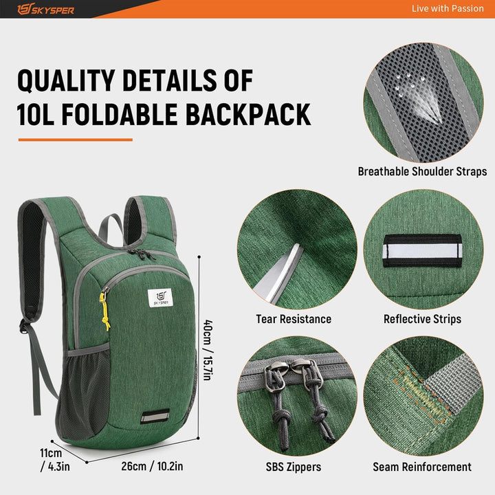 SKYSPER Faltbarer Rucksack 10L Klein Ultraleicht Tagesrucksäcke Wanderrucksack Reisenrucksack Trekki