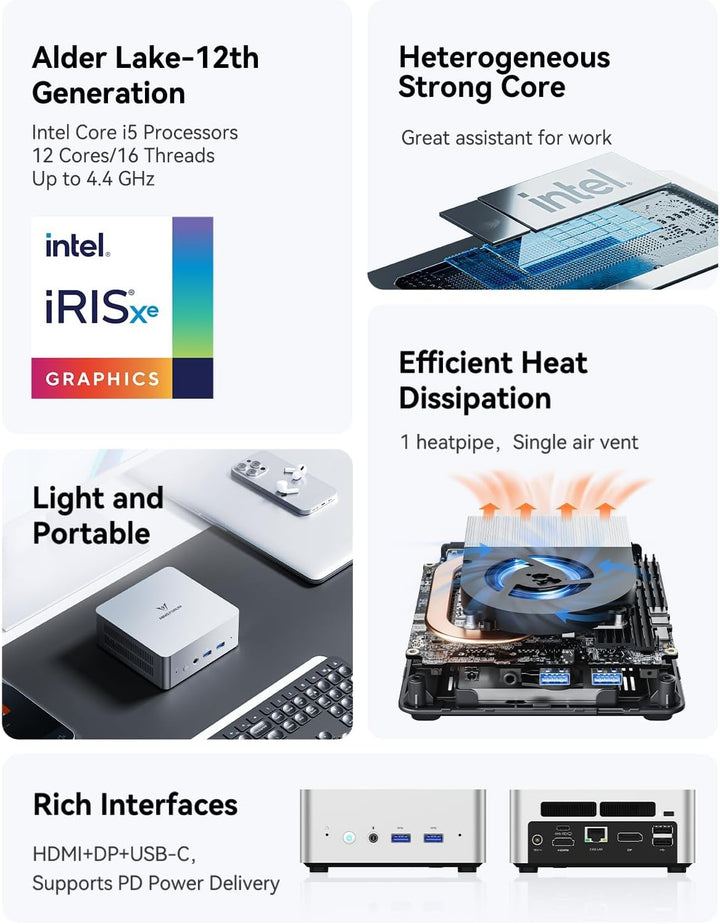 MINIS FORUM UN1250 Mini PC - Intel Core i5-1250P (12 Kerne / 16 Threads) ,32 GB DDR4, 500 GB PCIe 4.