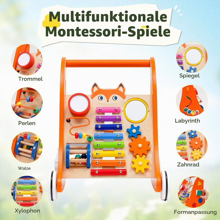 Lauflernwagen Holz für Kleinkinder, Multifunktionale Lauflernhilfe mit Spielbrett und Musik, Laufler