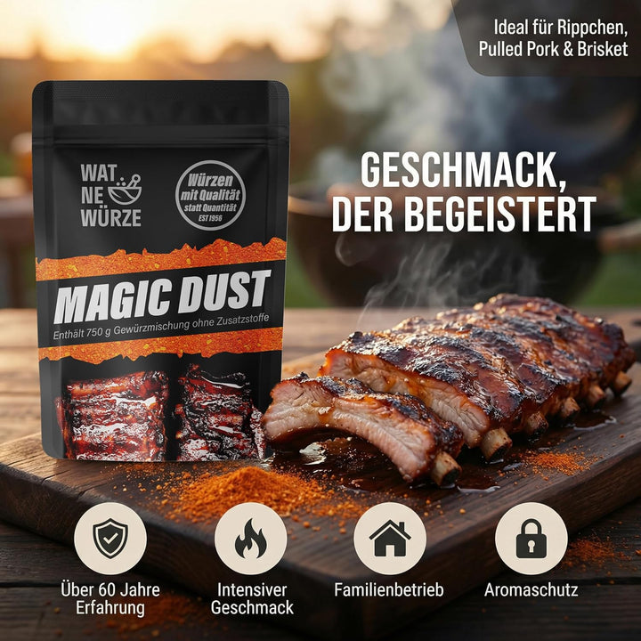 WAT NE WÜRZE Magic Dust Rub 750 g | BBQ-Rub Gewürz für Rippchen, Pulled Pork & Brisket | Grill Gewür