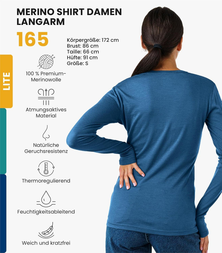 Merino.tech Merino Shirt Damen Langarm - Premium 100% Merino Unterwäsche Damen Langarmshirt, Sportun