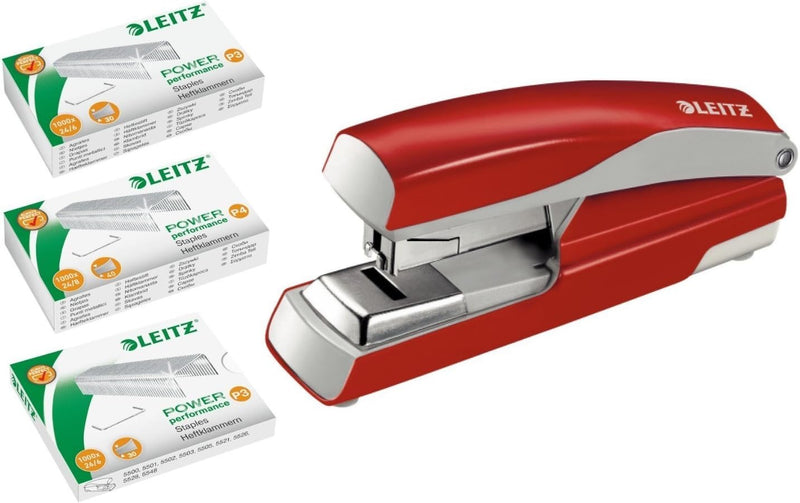 Leitz 5523 Flachheftgerät Stark NeXXt, 40 Blatt mit je 1.000 Heftklammern 24/6 24/8 und 26/6 (rot, m