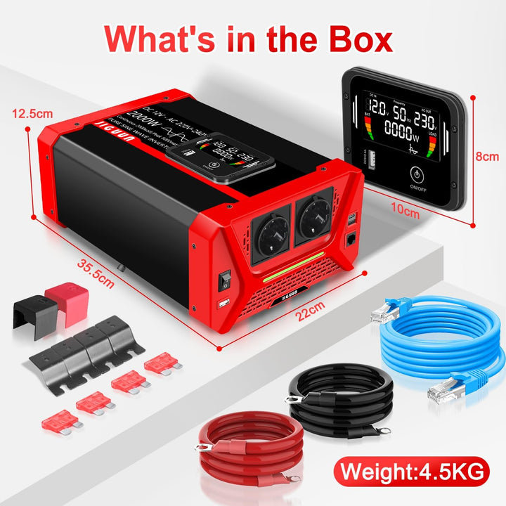 JIGUUN 2000W Wechselrichter Reiner Sinus Spannungswandler 12V 230V Inverter mit 2 EU Steckdosen& 2.4