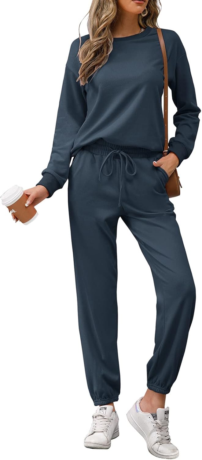 REORIA Damen Tracksuit Langarm Rundhalsausschnitt Einfarbig Zweiteiler Outfit Hoodie Jogger Training