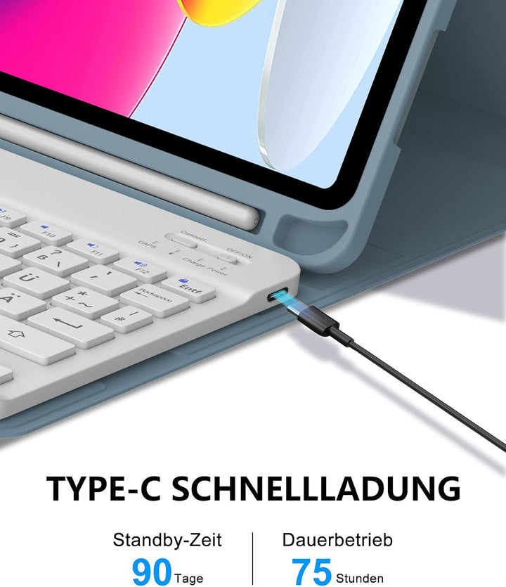 Für iPad A16 11. Gen &amp; 10. Gen Hülle mit Tastatur QWERTZ | Langer Akkulaufzeit, Zuverlässiger Schutz