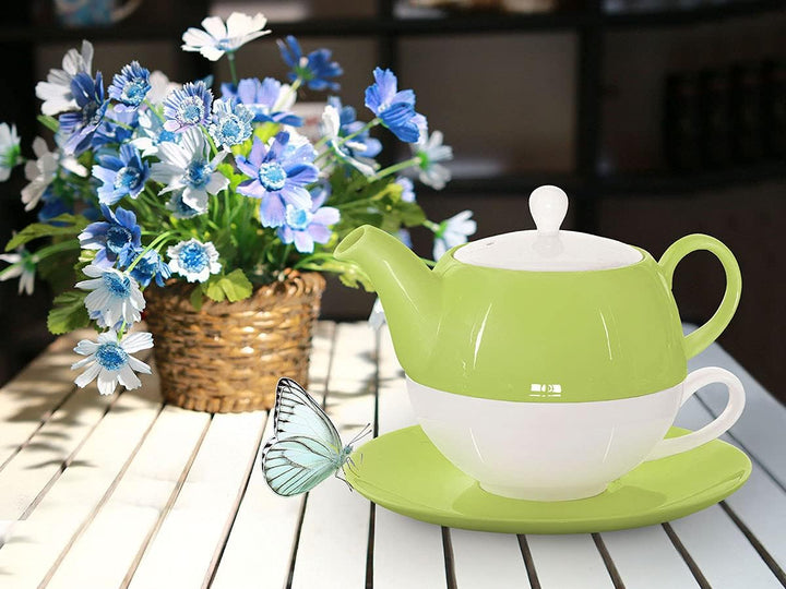 Tea for One mit Sieb Lena 500ml aus Crystal Bone China Porzellan in grün. Teekanne + Teetasse + Unte