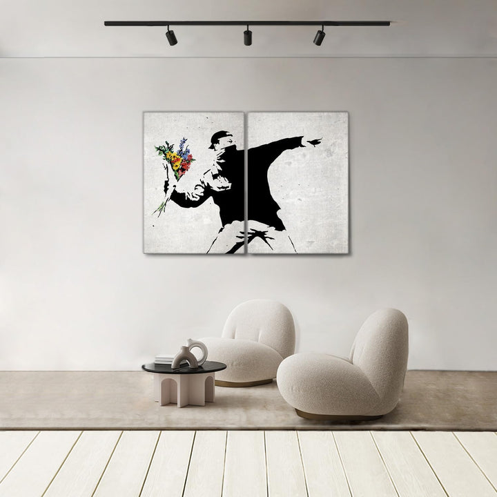 Giallobus - Grosse Gemälde im XXL-Format - Banksy - Street Art - Blumenwerfer - Leinwand - 144x100cm