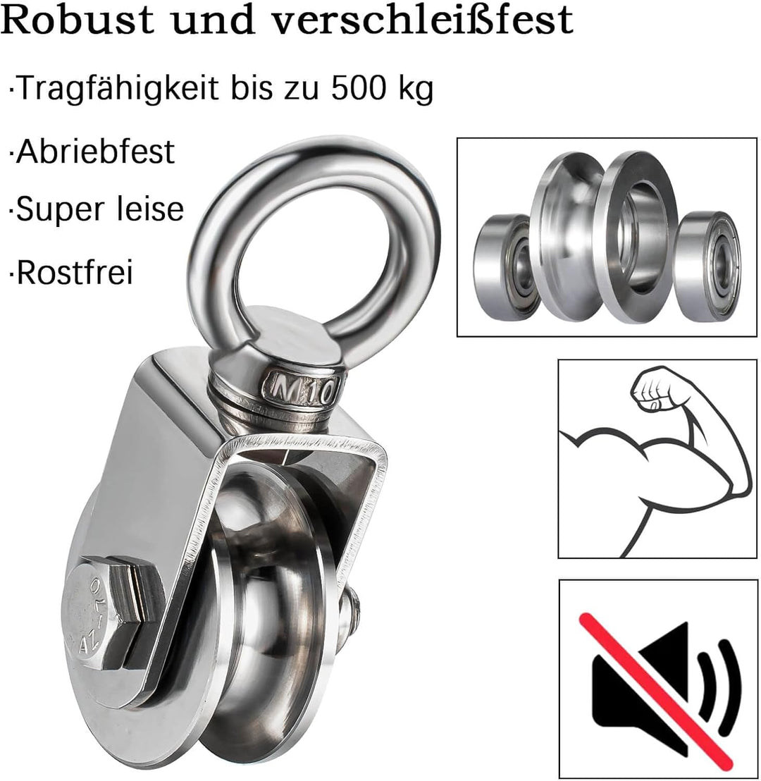 Umlenkrolle Stahlseil, Umlenkrollen mit 2 Kugellager, Seilrolle Fitness Edelstahl 304 Flaschenzug fü