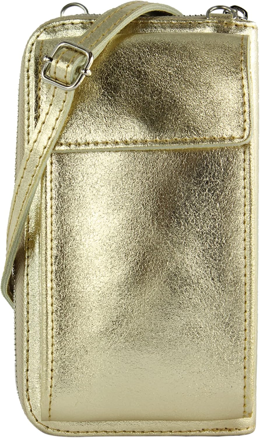 modamoda de - P06 - ital. Damen Umhängetasche Geldbörse Handytasche Leder Lightgold Metallic, Lightg
