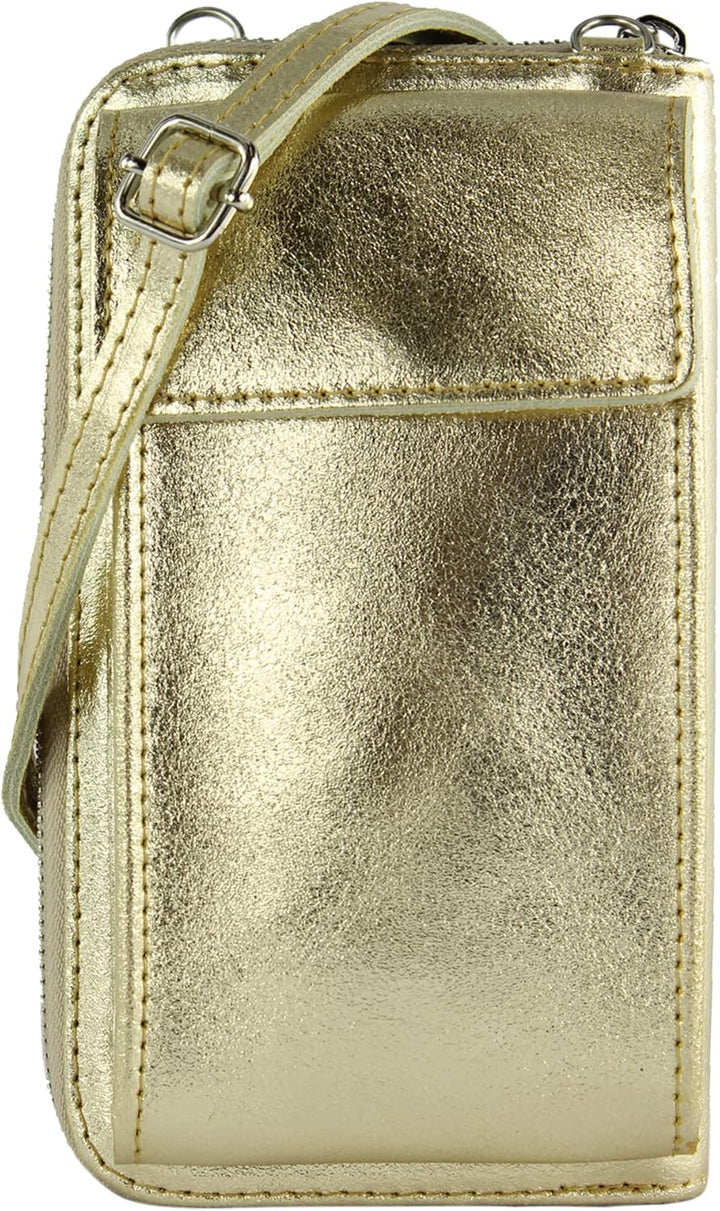 modamoda de - P06 - ital. Damen Umhängetasche Geldbörse Handytasche Leder Lightgold Metallic, Lightg