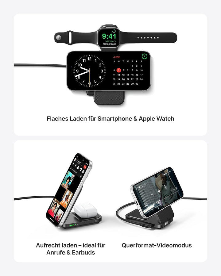INIU Induktive iPhone Ladestation 3 in 1, 15W Qi2-Zertifiziertes Magnetisches Kabelloses Ladegerät F