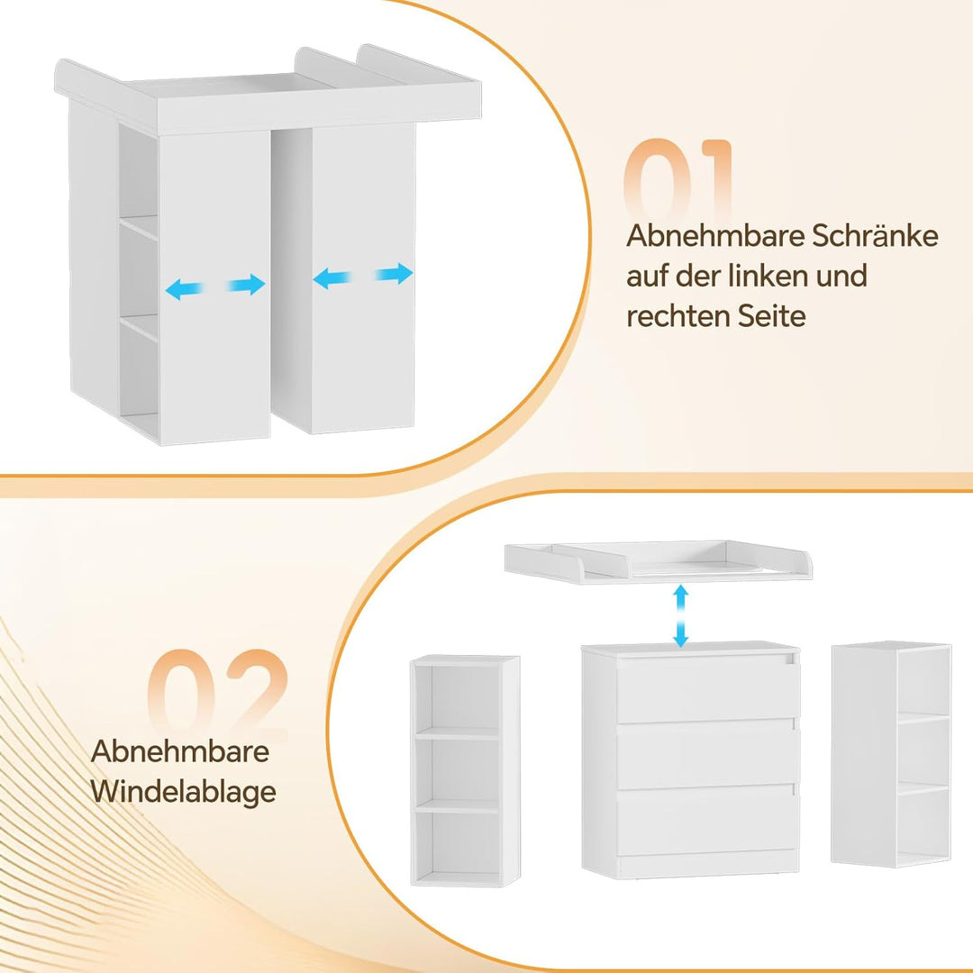 2-in-1 Wickelkommode mit abnehmbarem Wickelaufsatz,Baby Wickeltisch Weiss, Kommode mit 3 Schubladen