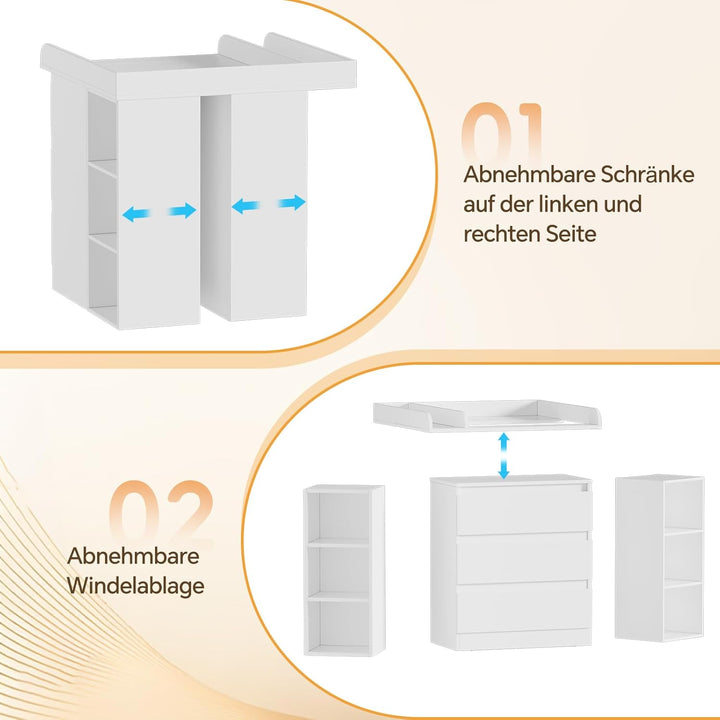 2-in-1 Wickelkommode mit abnehmbarem Wickelaufsatz,Baby Wickeltisch Weiss, Kommode mit 3 Schubladen