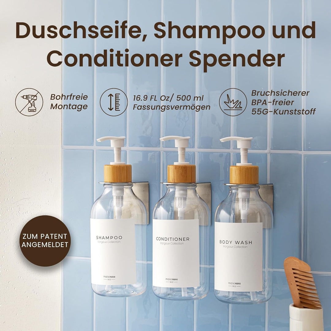 MAISONOVO Bohrfreier Shampoo-/Seifenspender für Duschwand, 3 Kammern mit Wasserdichten Etiketten, 3