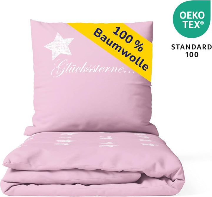 Dobnig Bettwäsche 135 x 200 Rosa Sterne - Baumwoll Bettwäsche Grau mit Sternen - Winter Bettwäsche S
