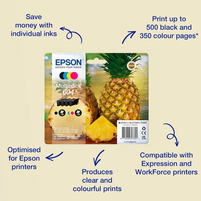 Epson Orginal 604 Tinte Ananas Multipack 4-farbig Standard, XP-2200 XP-2205 XP-3200 XP-4205 WF2910DW