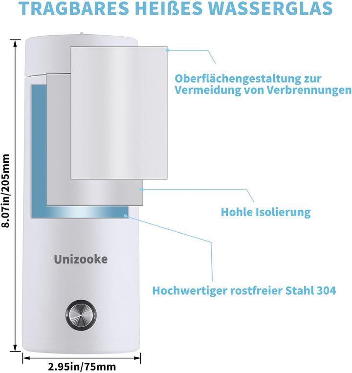 Unizooke Tragbarer Mini-Heizbecher,400ml ,220V Reise-Elektrisch-Wasserkocher,300W Vakuum,Für Milch,