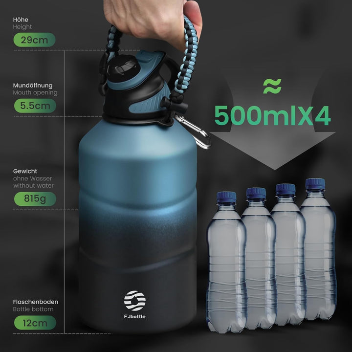 FJbottle Edelstahl Trinkflasche 1,9L mit Magnetischem Deckel, BPA FREI auslaufsichere Doppelwandig T