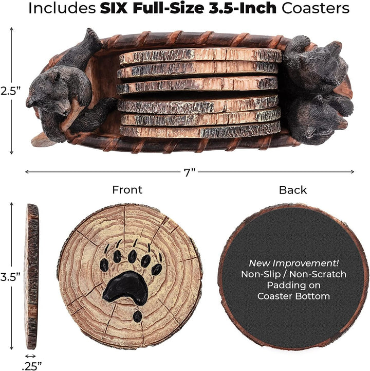 Bear Coasters Set of 6 Rustic Full Size Coasters in Handmade Canoe with Adorable Black Bear Figurine
