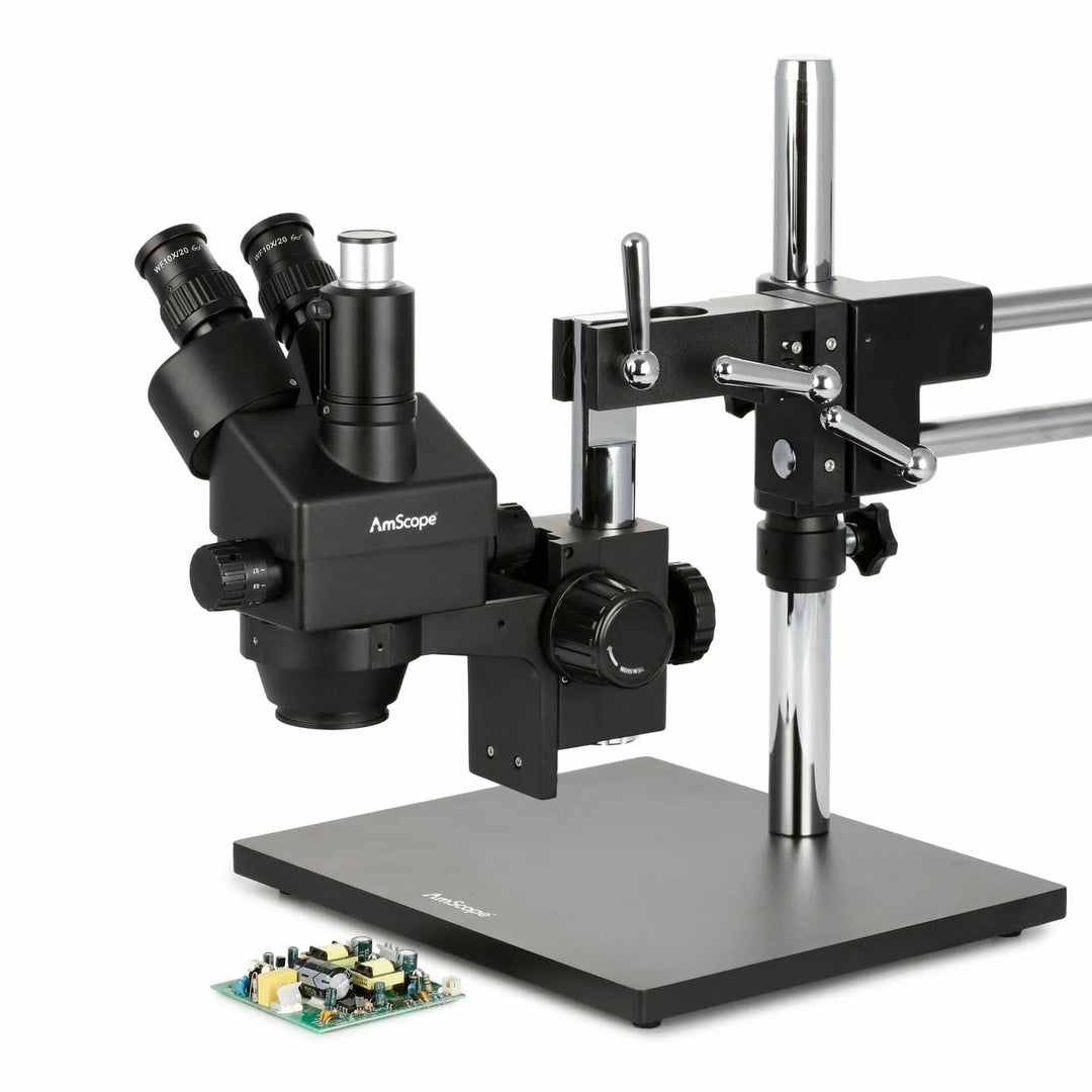 AmScope SM-4TZZ-B Trinokulares Stereo-Zoom-Mikroskop mit Schwarzem Doppelarm-Ausleger, 3.5X-180X, Sc