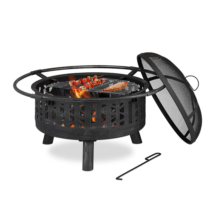 Relaxdays Feuerschale mit Grillrost & Funkenschutz, Schürhaken, Kohlerost, Ø 75 cm, Feuerstelle Gart