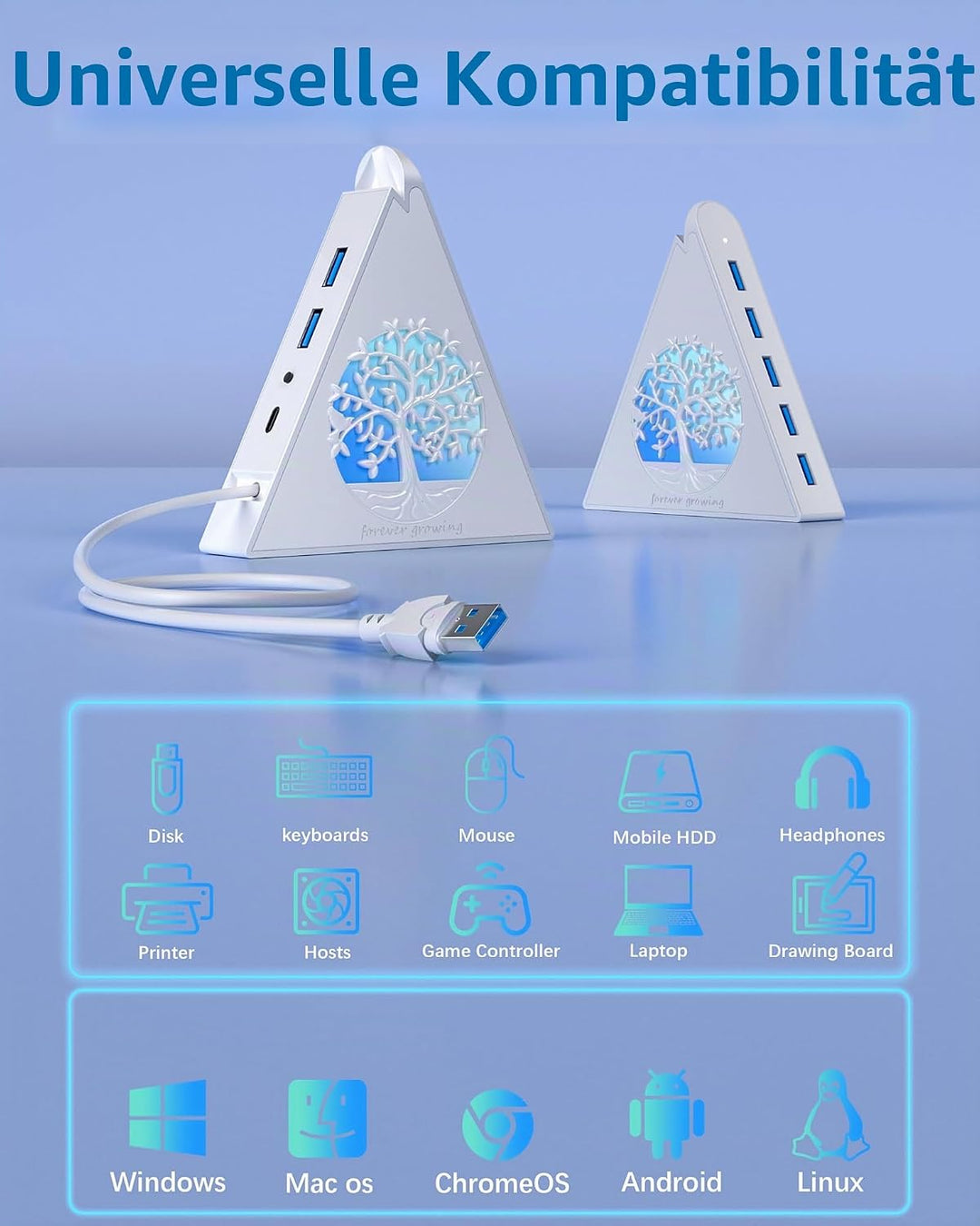7-Port USB 3.0 Hub, Weiss Vertikaler USB Hub Splitter mit baumförmiger RGB-Beleuchtung, 5Gbps Hochge