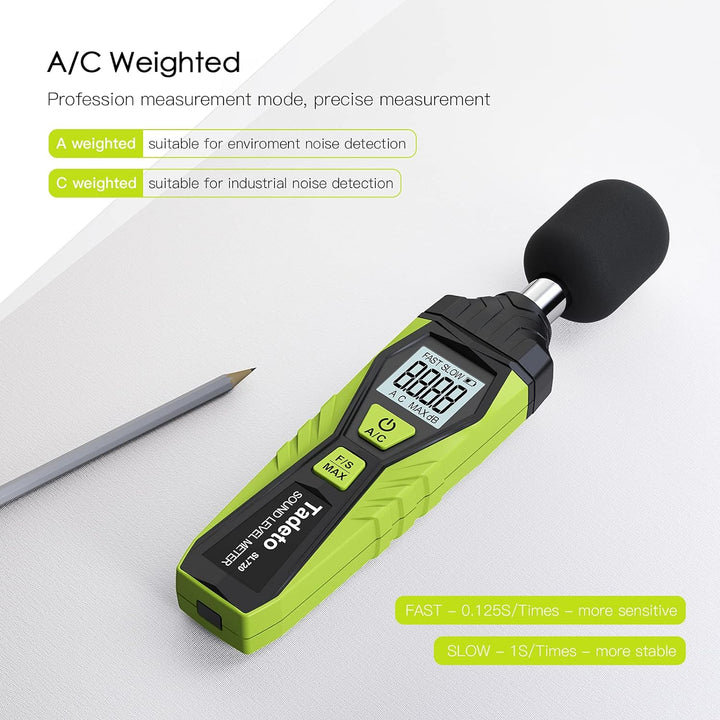 Schallpegelmessgerät, Tadeto Digital Tragbare Schallpegelmesser 30dB bis 130dB mit LCD-Display A/C G