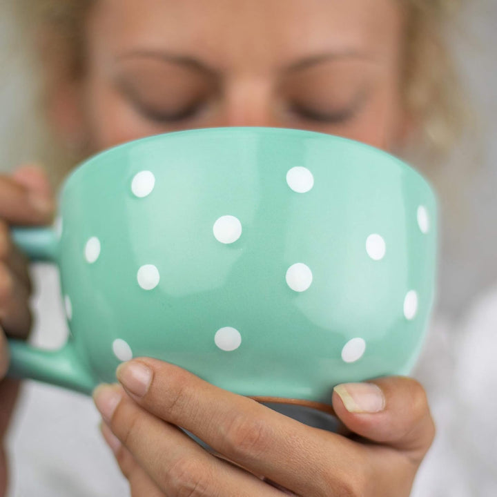 City to Cottage® - Keramik XXL Tasse 500 ml | Kaffeebecher | Türkis und Weiss | Polka Dots | Handgem