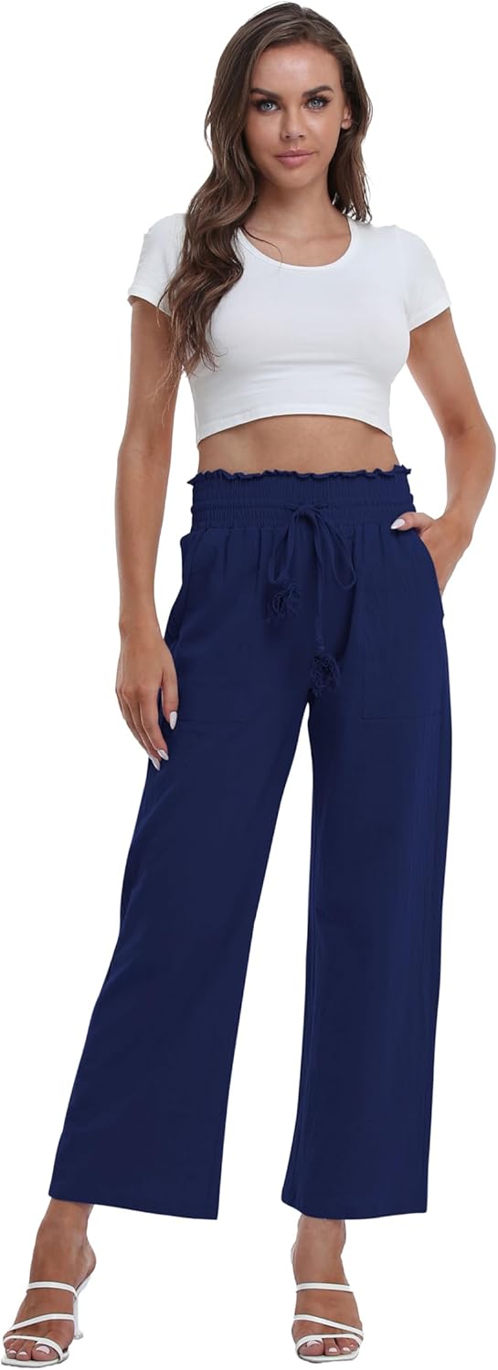 Famulily Leinenhose Damen Sommer Weites Bein High Waist Palazzo Freizeithose Stoffhose Yogahose Mit