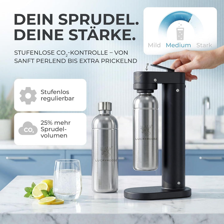 Infinity-S Wassersprudler aus hochwertigem Edelstahl (Black/Silver) – inkl. 2x 1,25L Edelstahlflasch